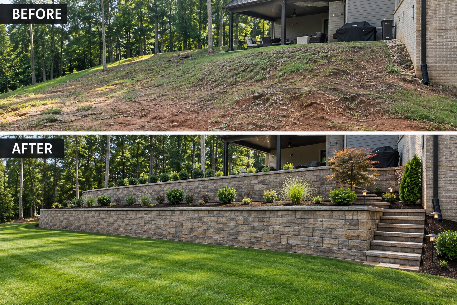 Retaining wall and landscape architecture before and after